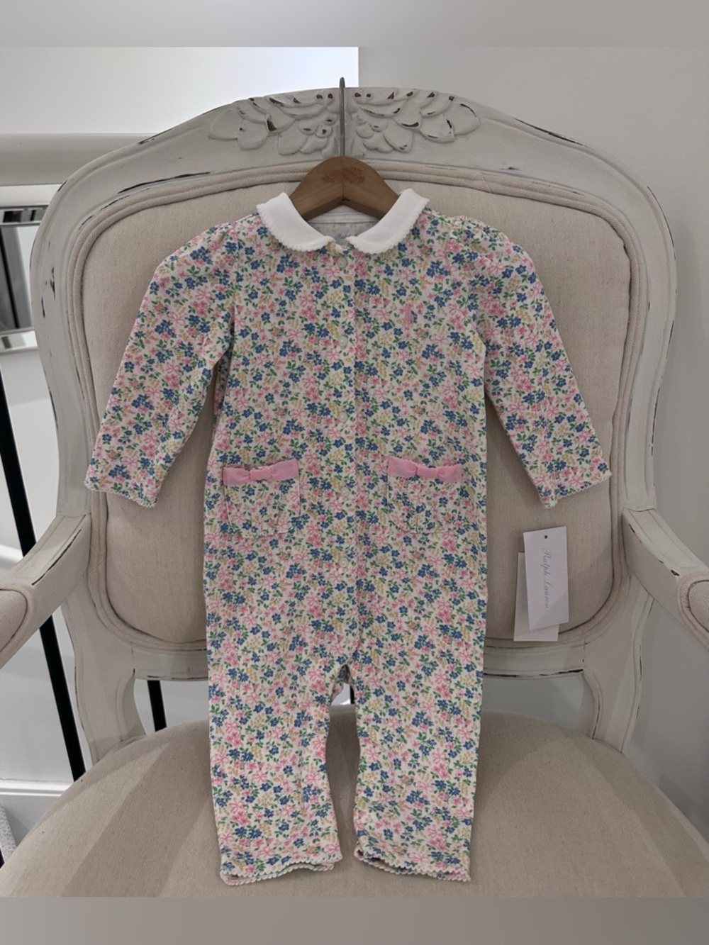 🤍 6 Mth Ralph Lauren Baby Floral & Ribbon Collared One-Piece Romper NWT
